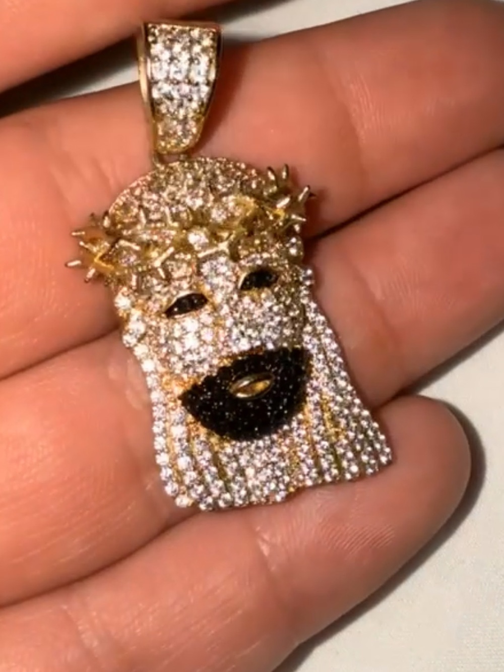 Gold & Black Pave Jesus Head Pendant Necklace - Religious Women's Jewelry